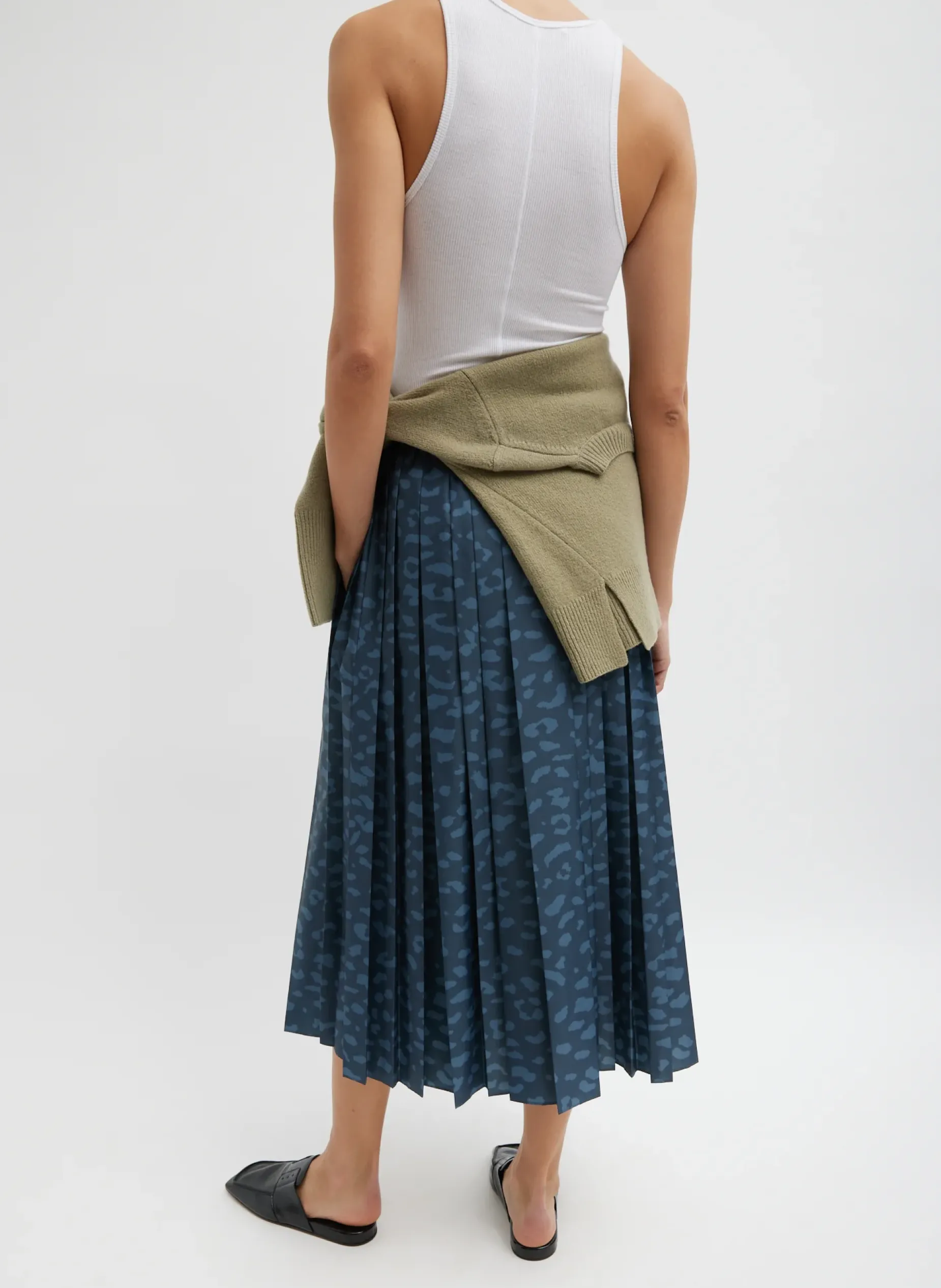 Skirts>Tibi Recycled Sporty Nylon Cheetah Pleated Pull On Skirt Navy Fog Multi