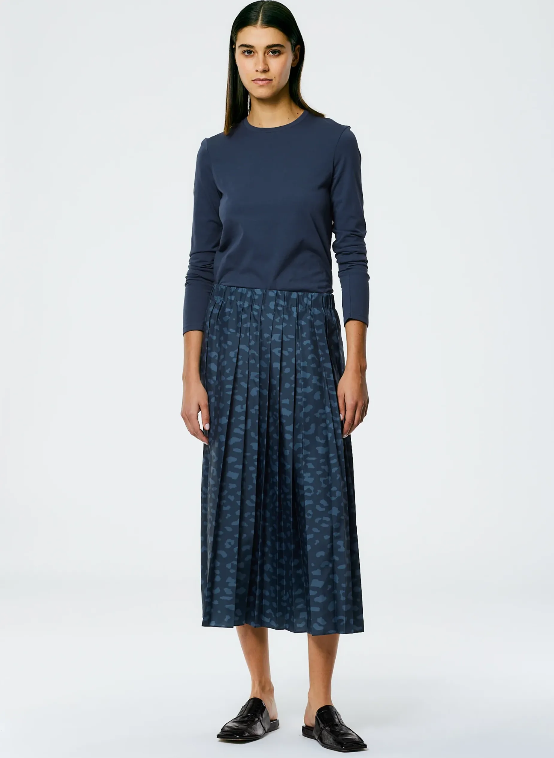 Skirts>Tibi Recycled Sporty Nylon Cheetah Pleated Pull On Skirt Navy Fog Multi