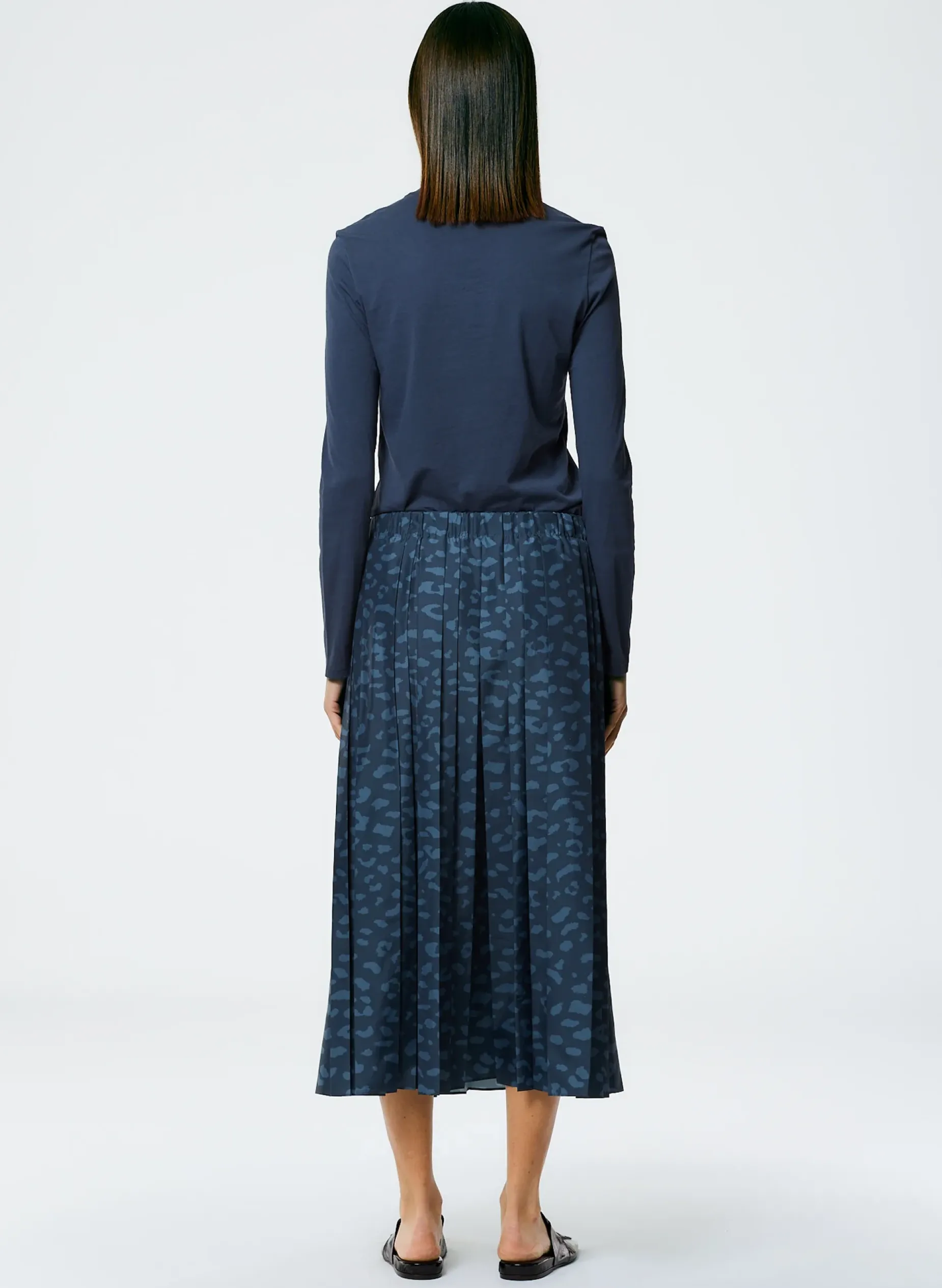 Skirts>Tibi Recycled Sporty Nylon Cheetah Pleated Pull On Skirt Navy Fog Multi