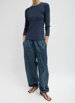Pants & Shorts>Tibi Recycled Sporty Nylon Cheetah Wide Leg Pull On Pant Navy Fog Multi