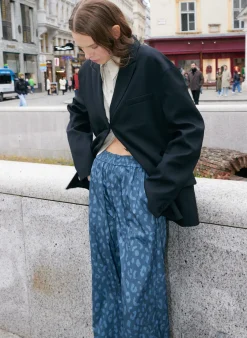 Pants & Shorts>Tibi Recycled Sporty Nylon Cheetah Wide Leg Pull On Pant Navy Fog Multi