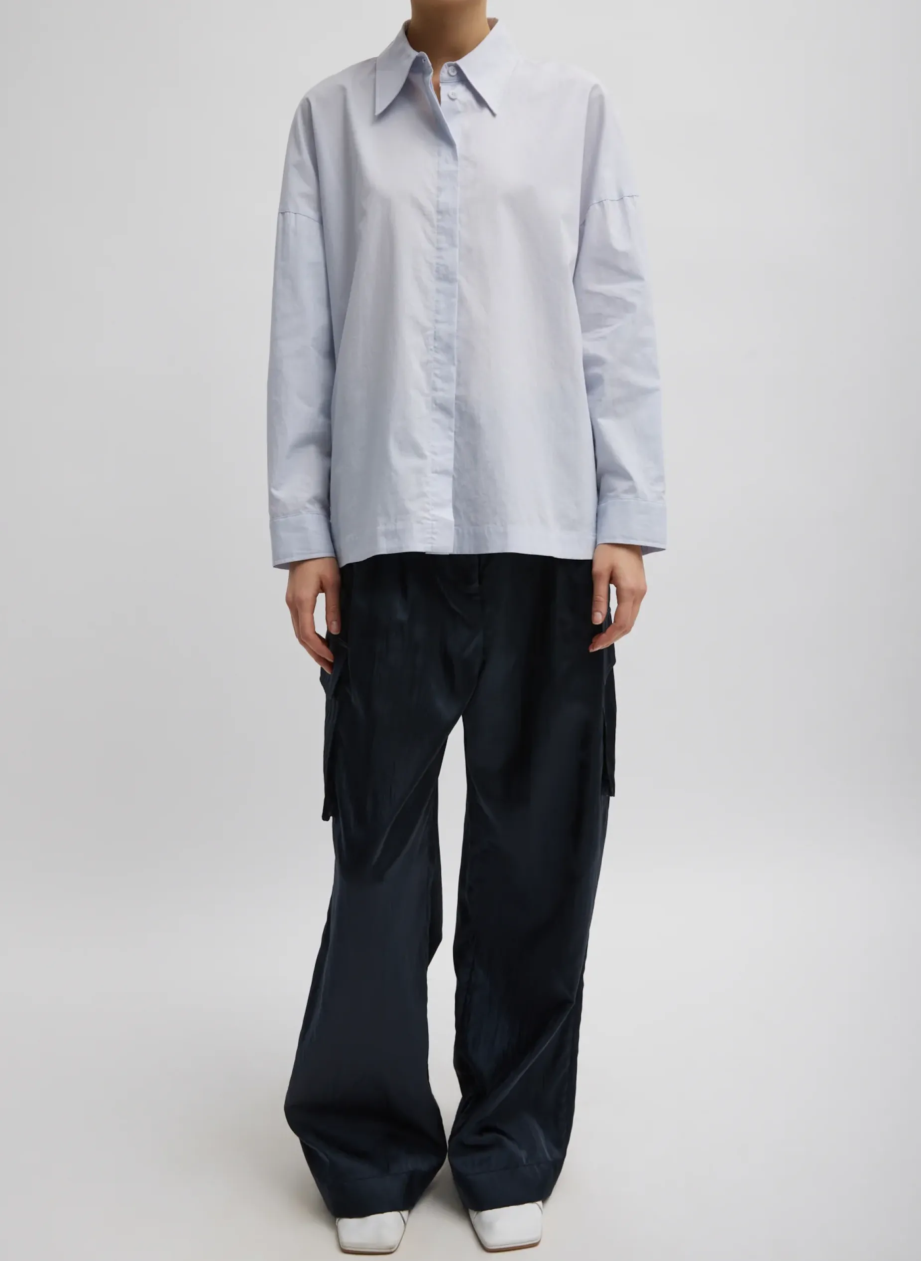 Pants & Shorts|Fundamentals - WOFs>Tibi Shiny Nylon Pleated Stella Cargo Pant Navy