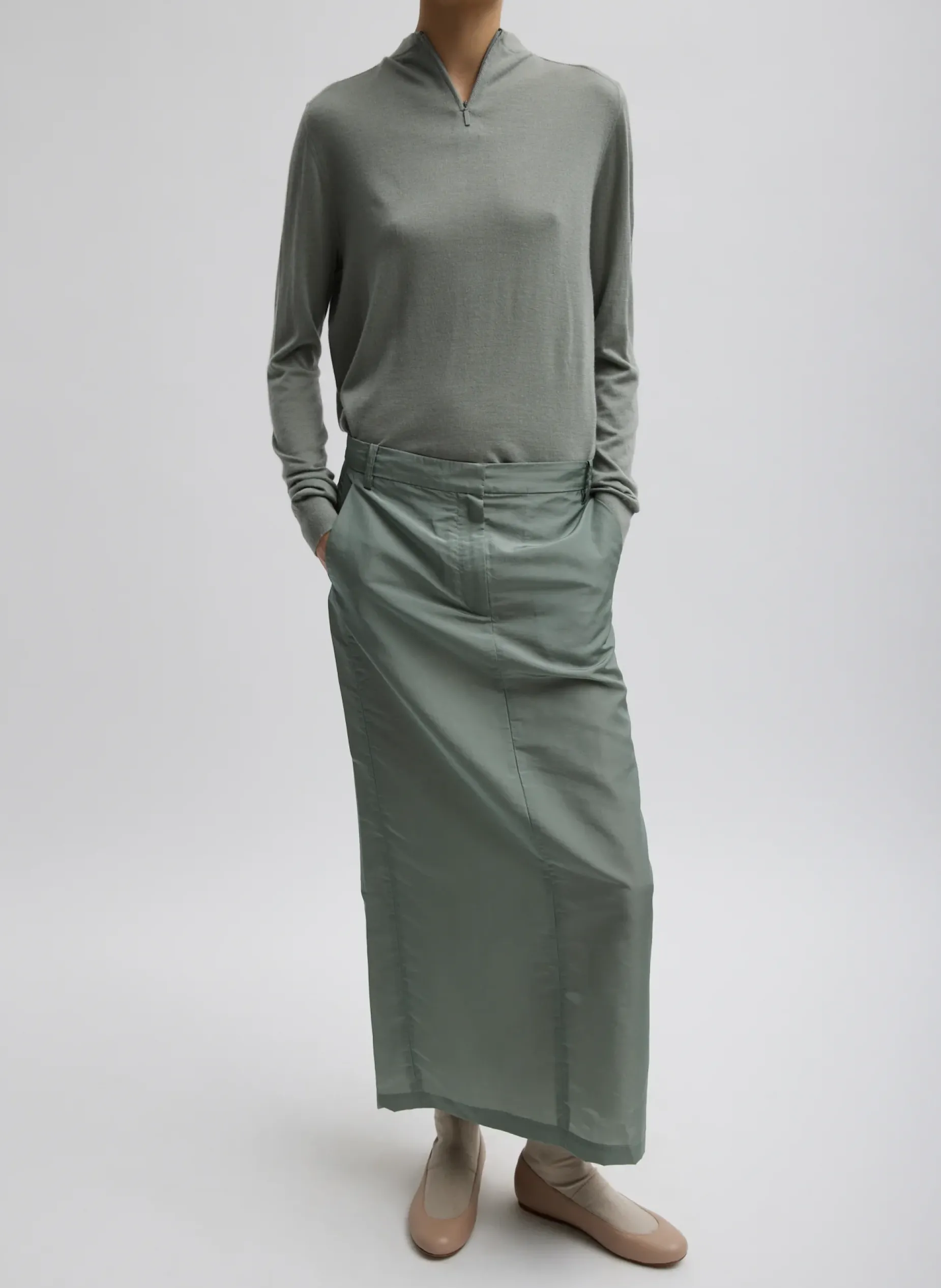 Suits|Skirts>Tibi Silk Nylon Maxi Skirt Pumice Grey