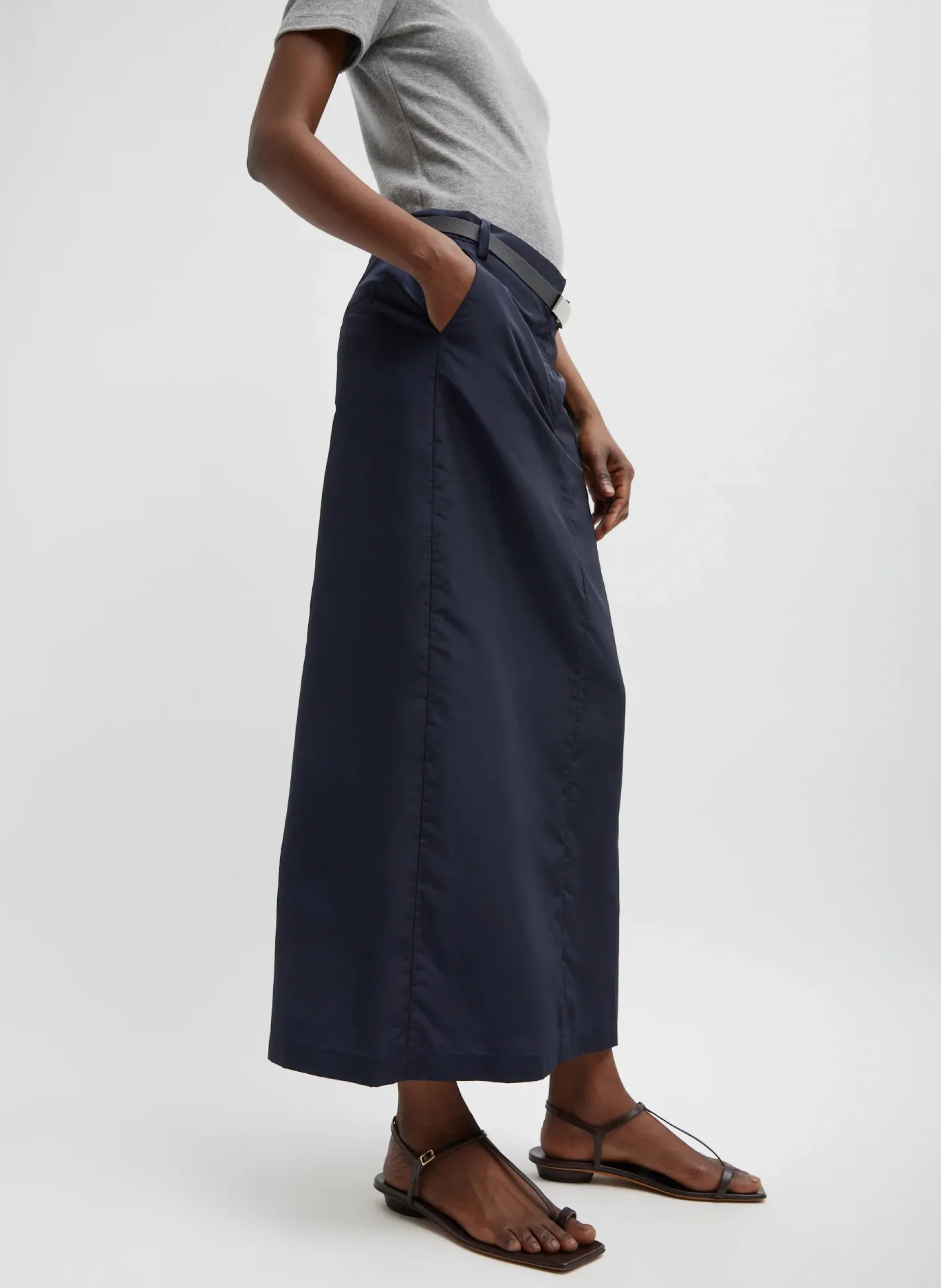 Suits|Skirts>Tibi Silk Nylon Maxi Skirt Navy