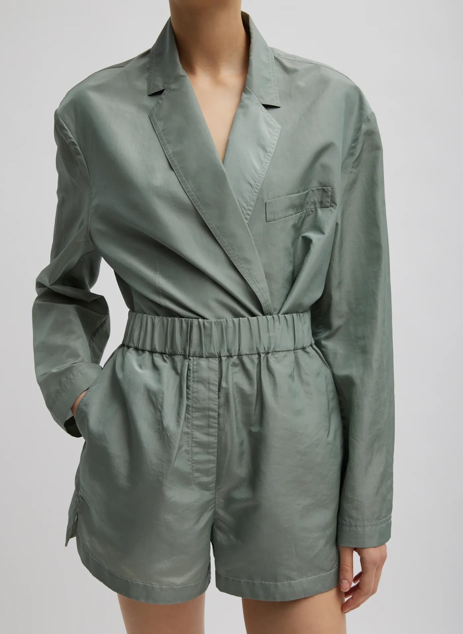 Suits|Pants & Shorts>Tibi Silk Nylon Pull On Shorts Pumice Grey