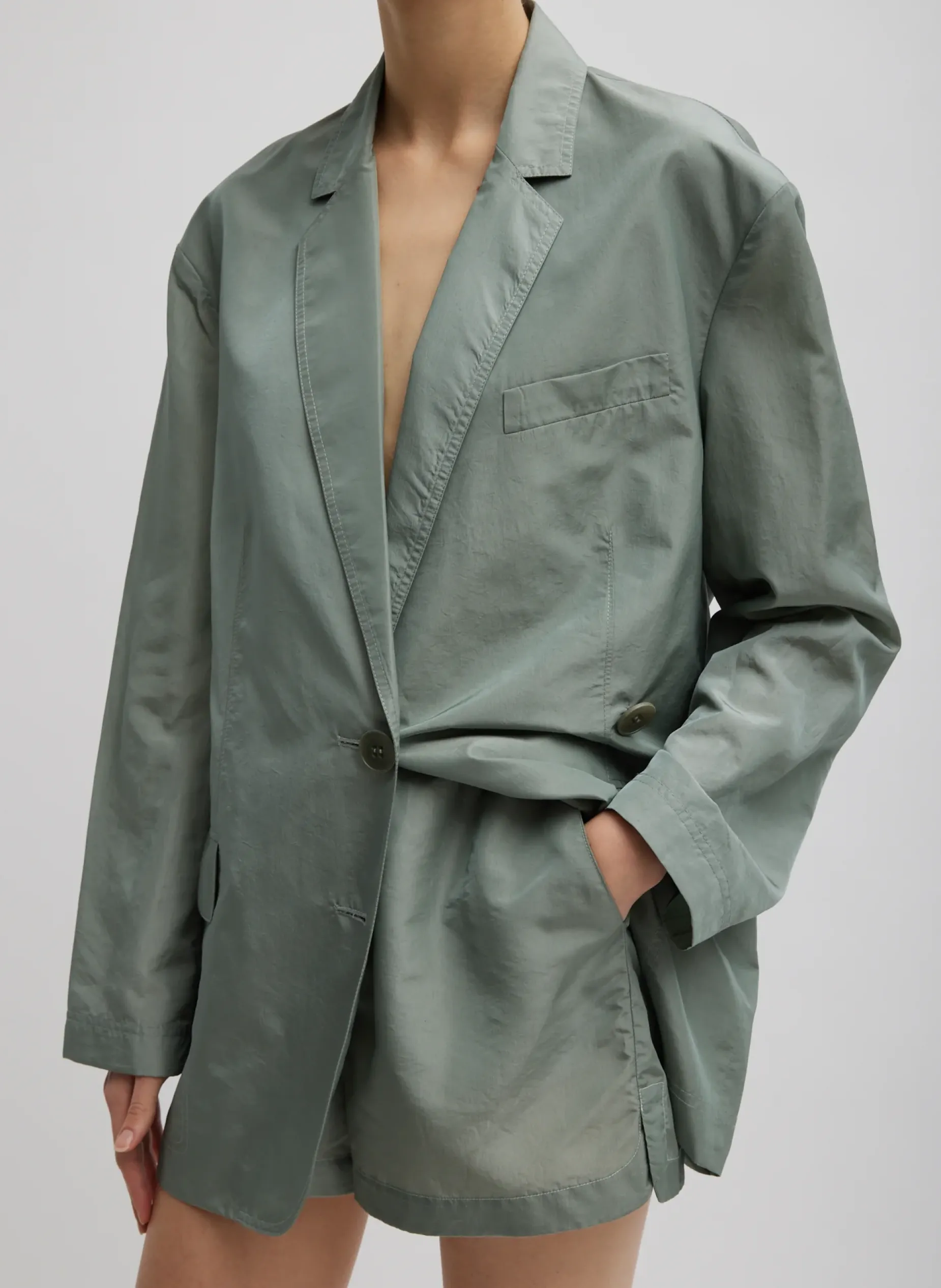 Suits|Pants & Shorts>Tibi Silk Nylon Pull On Shorts Pumice Grey
