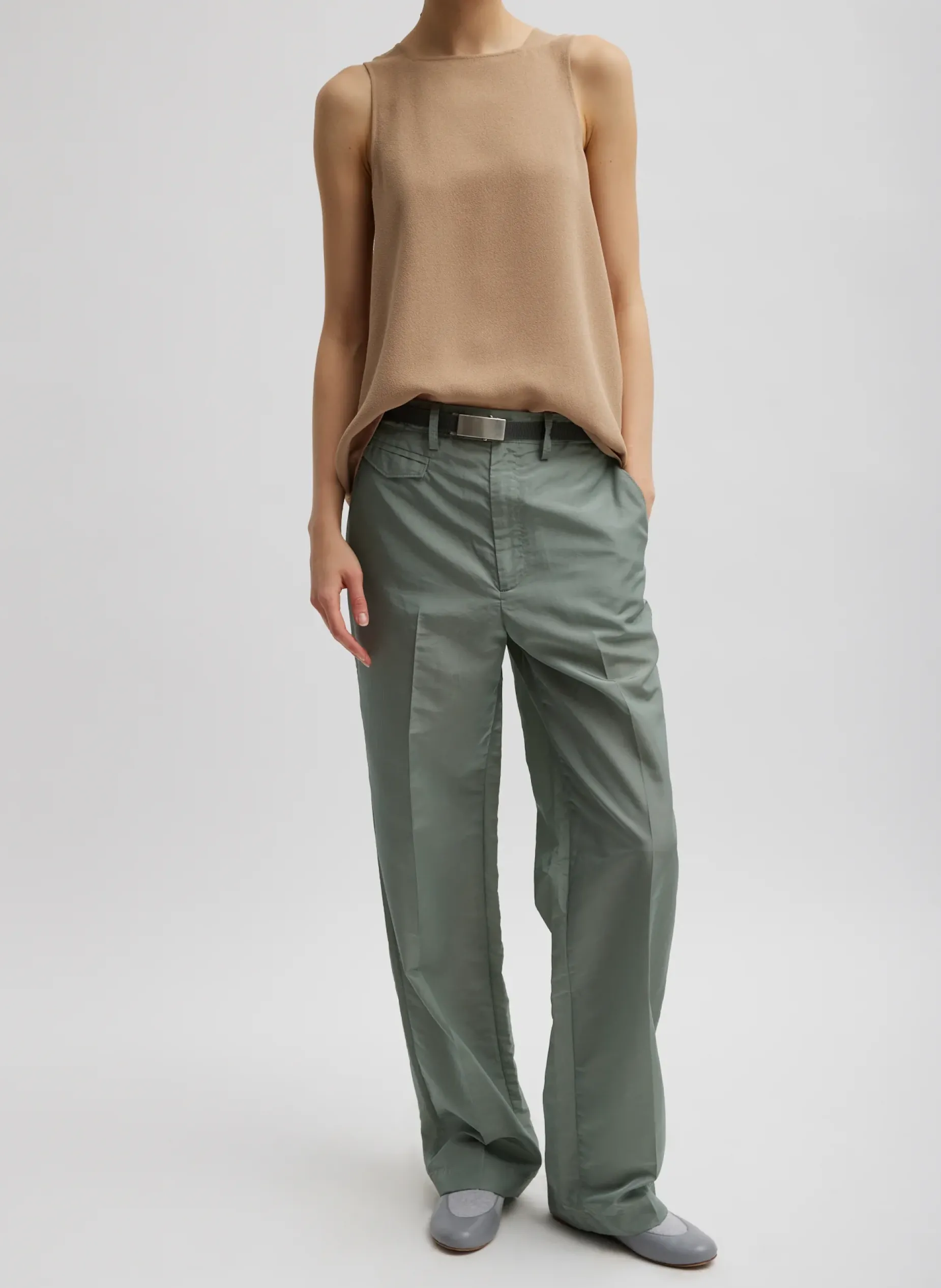 Suits|Pants & Shorts>Tibi Silk Nylon Straight Leg Trouser Pumice Grey