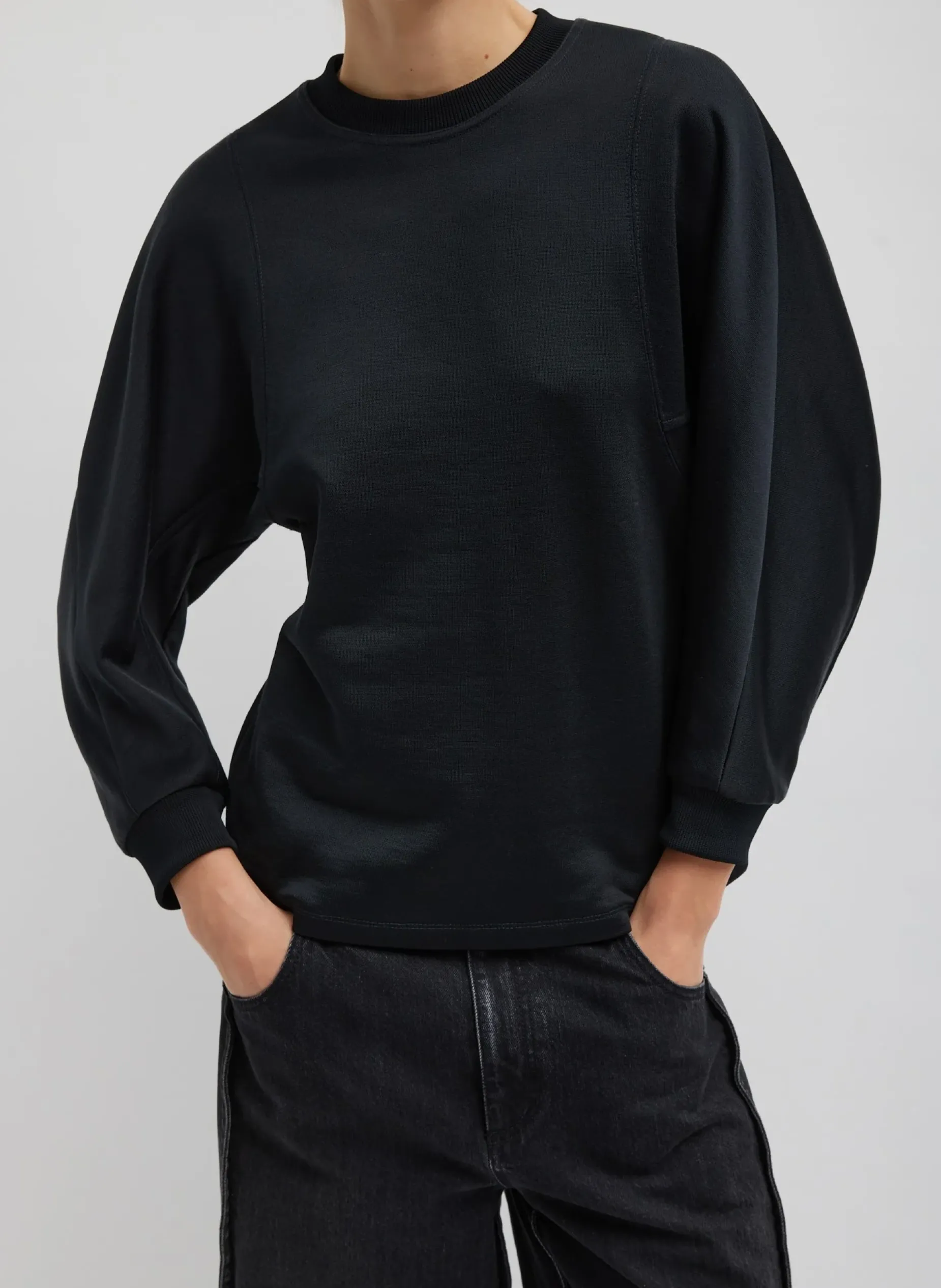 Leisure Sets|Knitwear & Sweatshirts>Tibi Silk Terry Sculpted Sleeve Slim Sweatshirt Black
