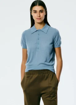 Knitwear & Sweatshirts>Tibi Skinlike Mercerized Wool Shrunken Polo Blue Mist