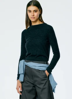 Knitwear & Sweatshirts>Tibi Skinlike Mercerized Wool Soft Sheer Pullover Charcoal