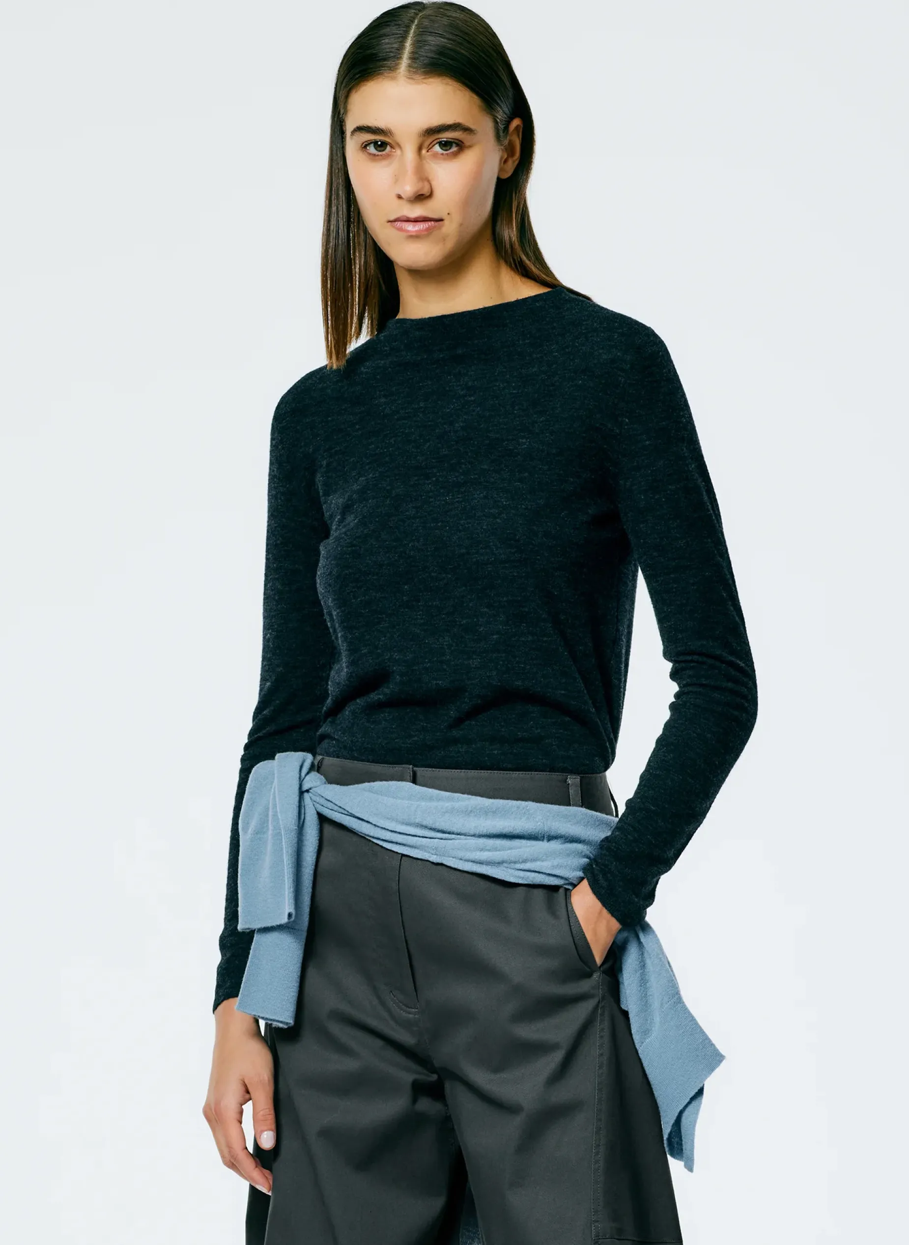 Knitwear & Sweatshirts>Tibi Skinlike Mercerized Wool Soft Sheer Pullover Charcoal
