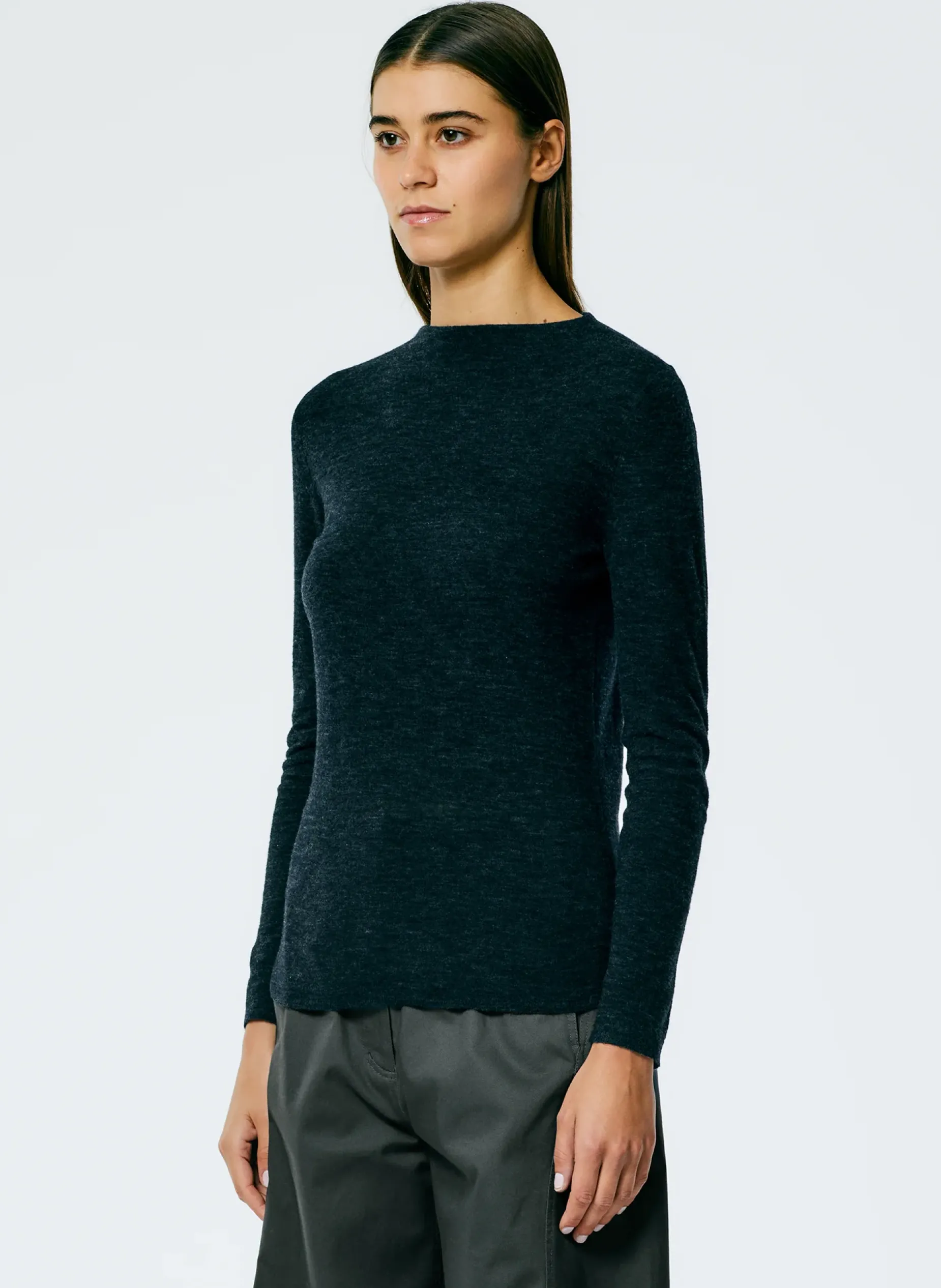 Knitwear & Sweatshirts>Tibi Skinlike Mercerized Wool Soft Sheer Pullover Charcoal