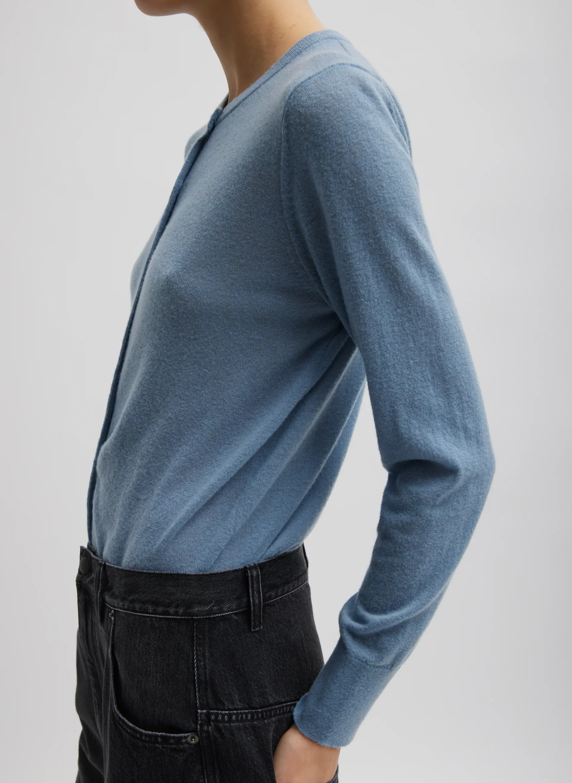 Knitwear & Sweatshirts>Tibi Skinlike Mercerized Wool Shrunken Cardigan Blue Mist