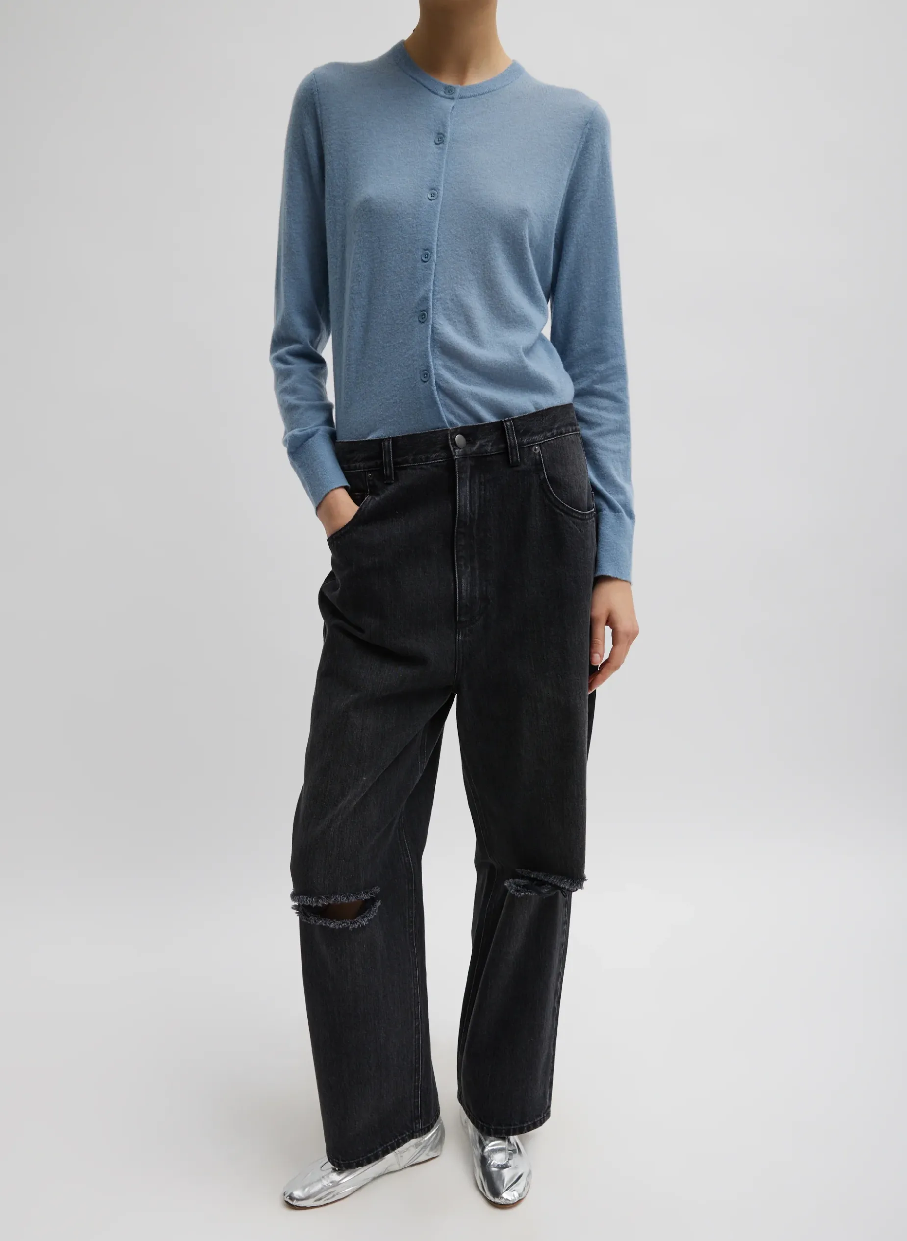 Knitwear & Sweatshirts>Tibi Skinlike Mercerized Wool Shrunken Cardigan Blue Mist