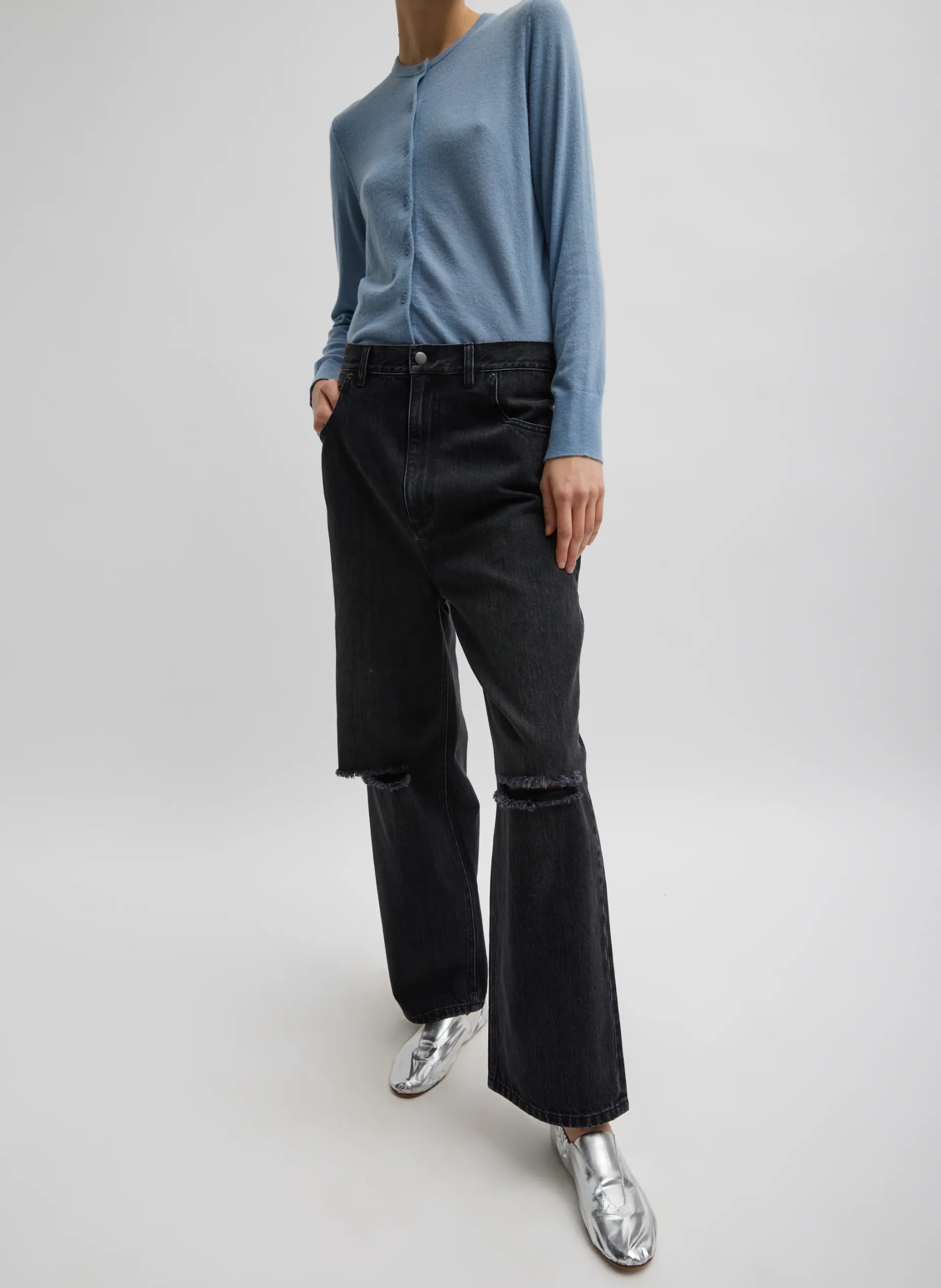 Knitwear & Sweatshirts>Tibi Skinlike Mercerized Wool Shrunken Cardigan Blue Mist