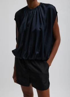 Tops>Tibi Spring Acetate Shirred Neck Circular Top Dark Navy