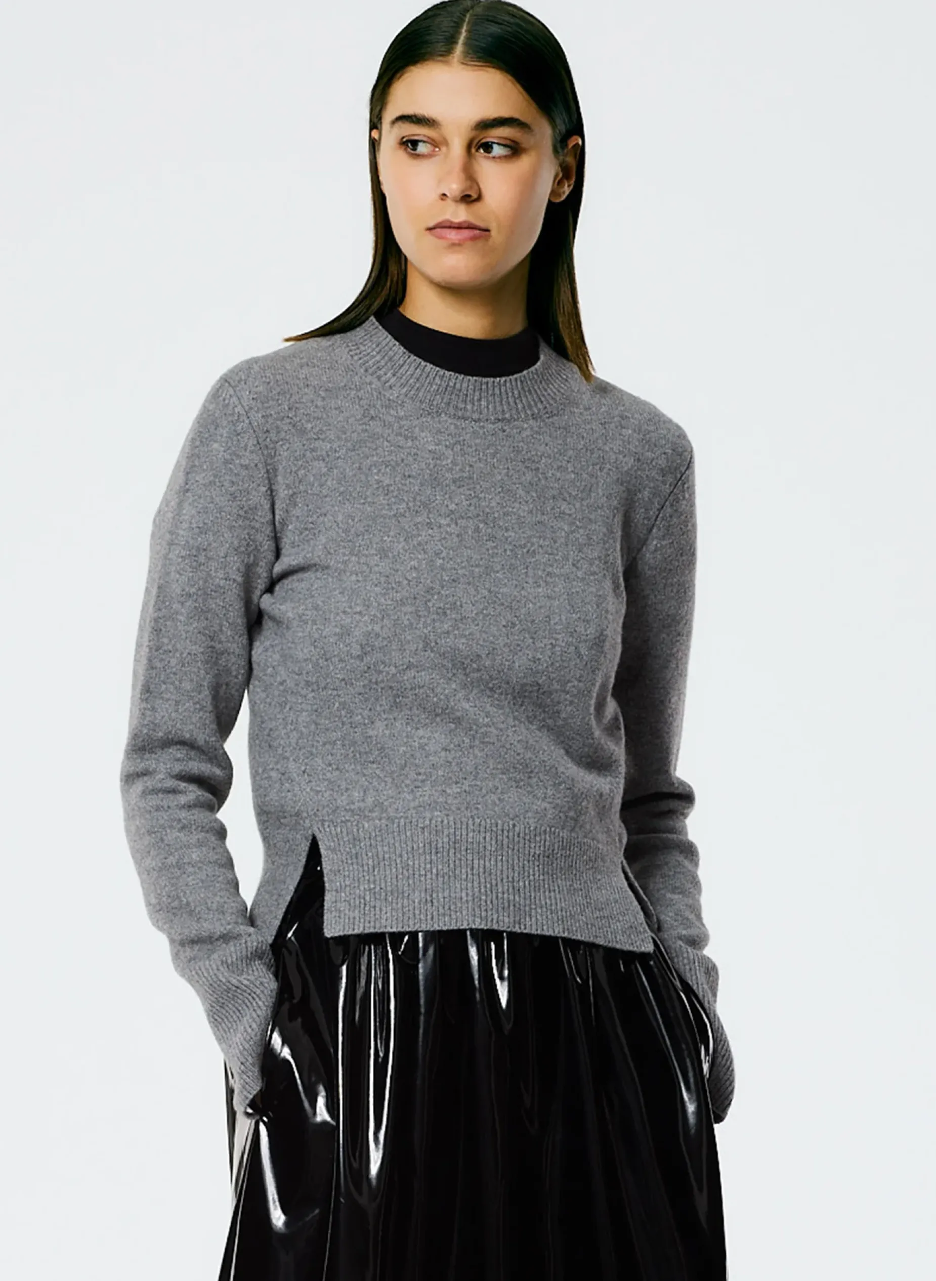 Knitwear & Sweatshirts>Tibi Stretch Cashmere Crewneck Pullover Heather Grey