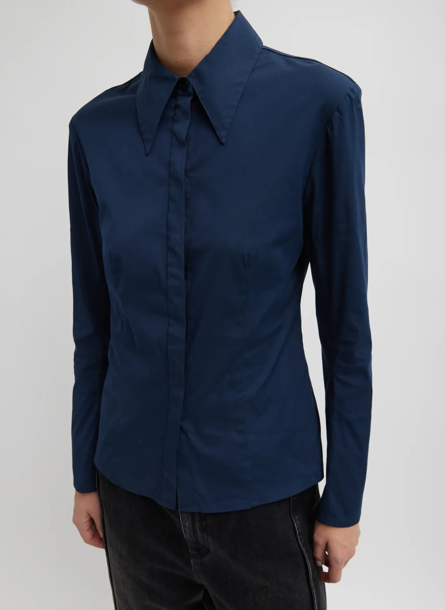 Tops>Tibi Stretch Cotton Nylon Circular Sleeve Shirt Navy Blue