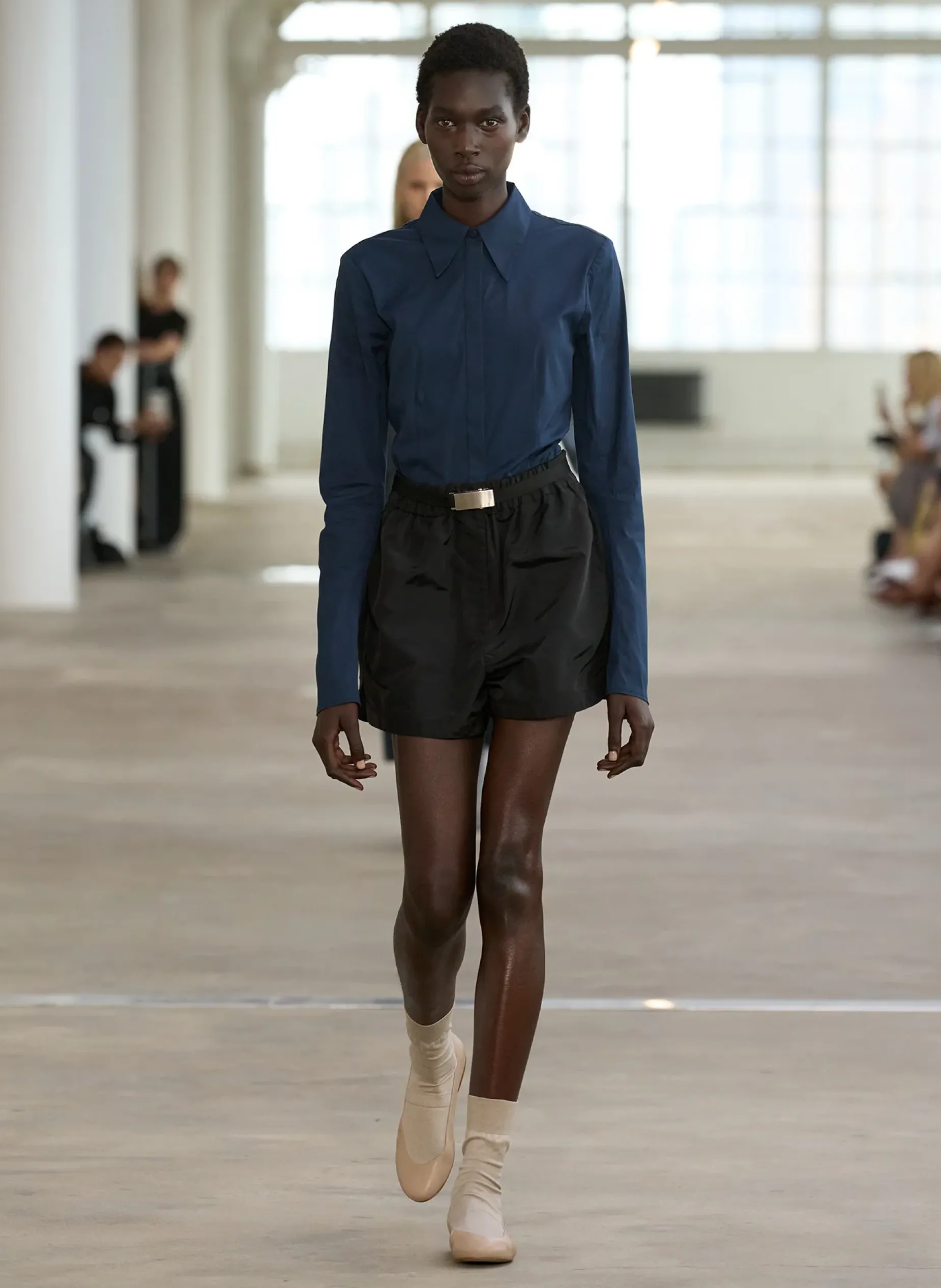 Tops>Tibi Stretch Cotton Nylon Circular Sleeve Shirt Navy Blue