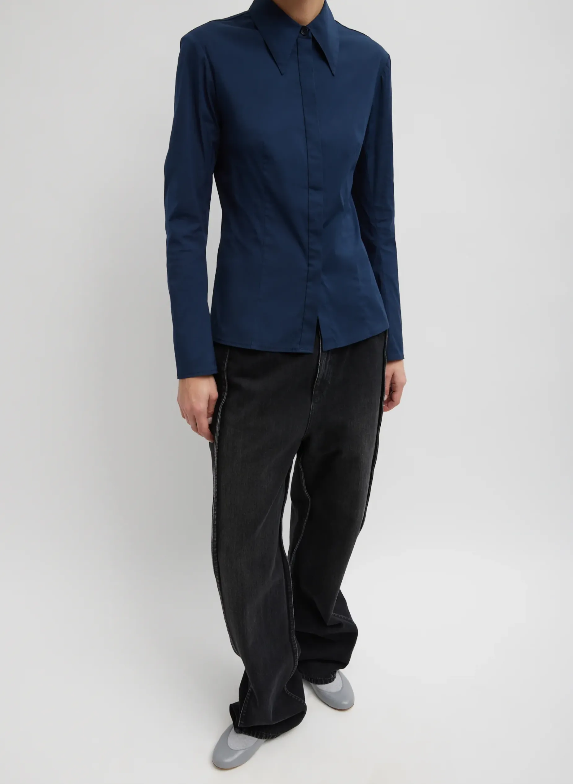 Tops>Tibi Stretch Cotton Nylon Circular Sleeve Shirt Navy Blue