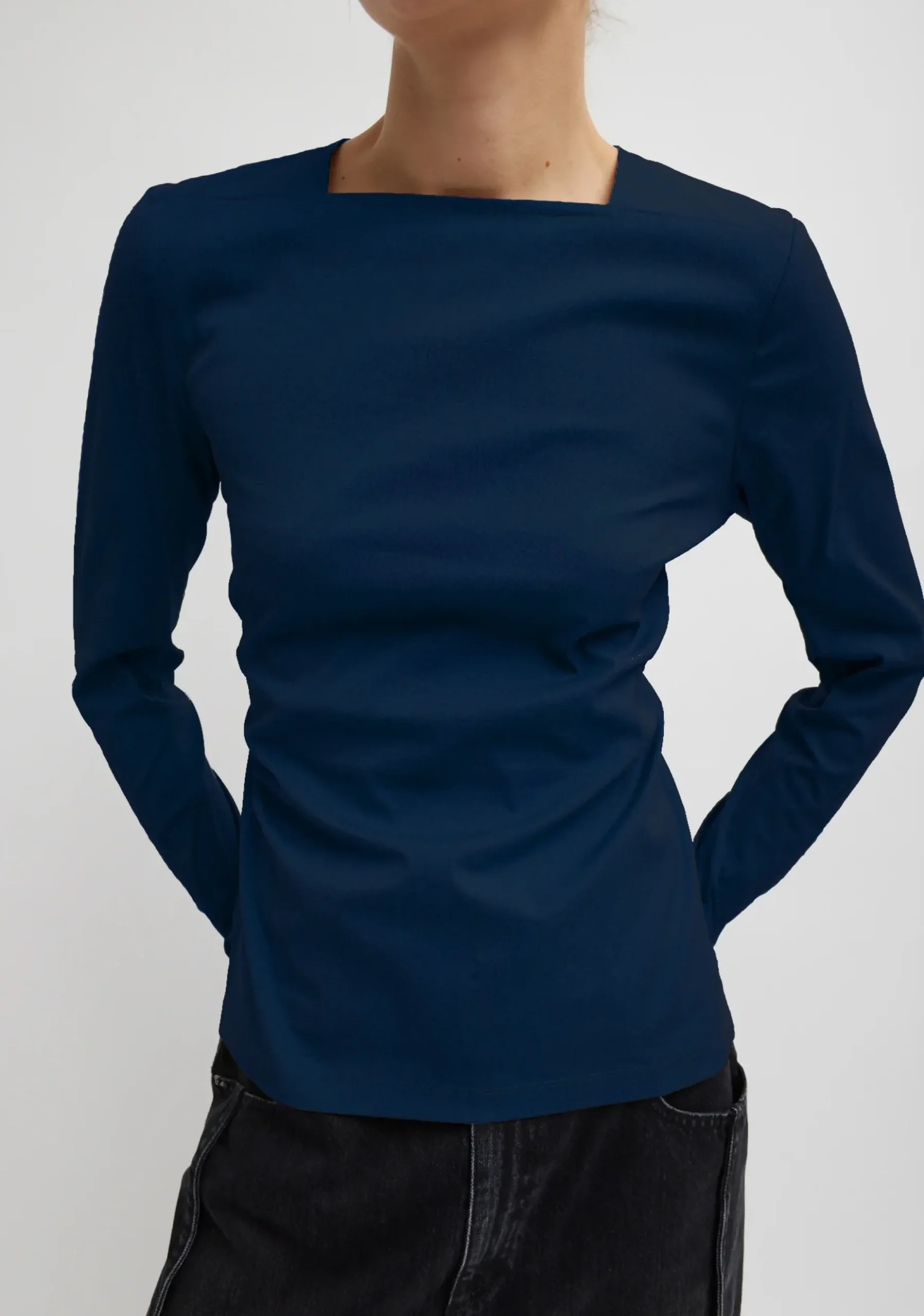 Tops>Tibi Stretch Cotton Nylon Square Neck Slim Circular Sleeve Top Navy Blue