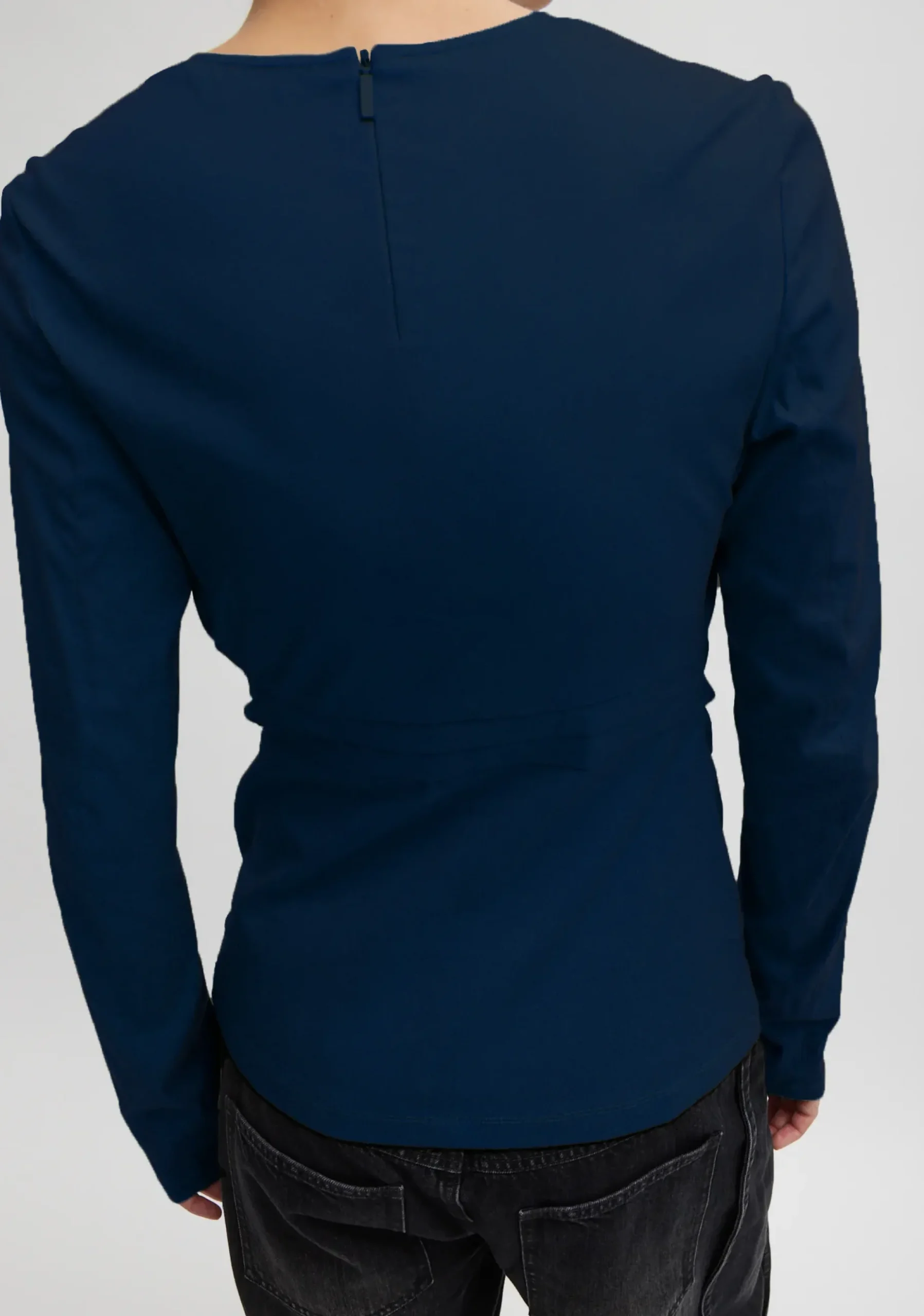 Tops>Tibi Stretch Cotton Nylon Square Neck Slim Circular Sleeve Top Navy Blue