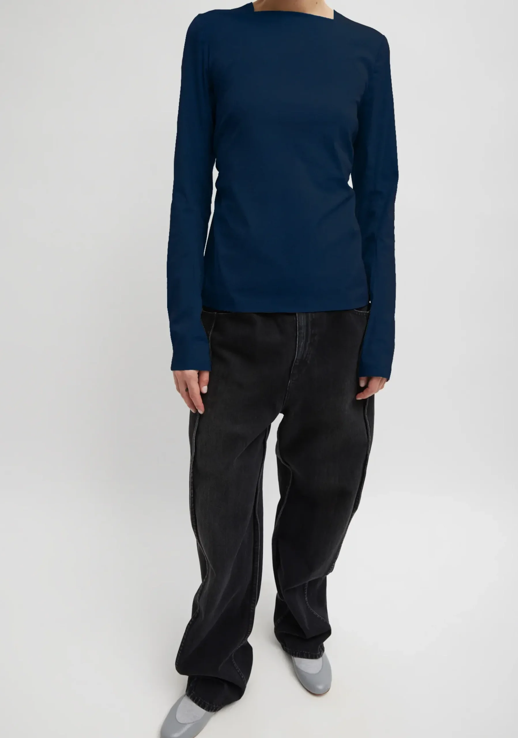 Tops>Tibi Stretch Cotton Nylon Square Neck Slim Circular Sleeve Top Navy Blue