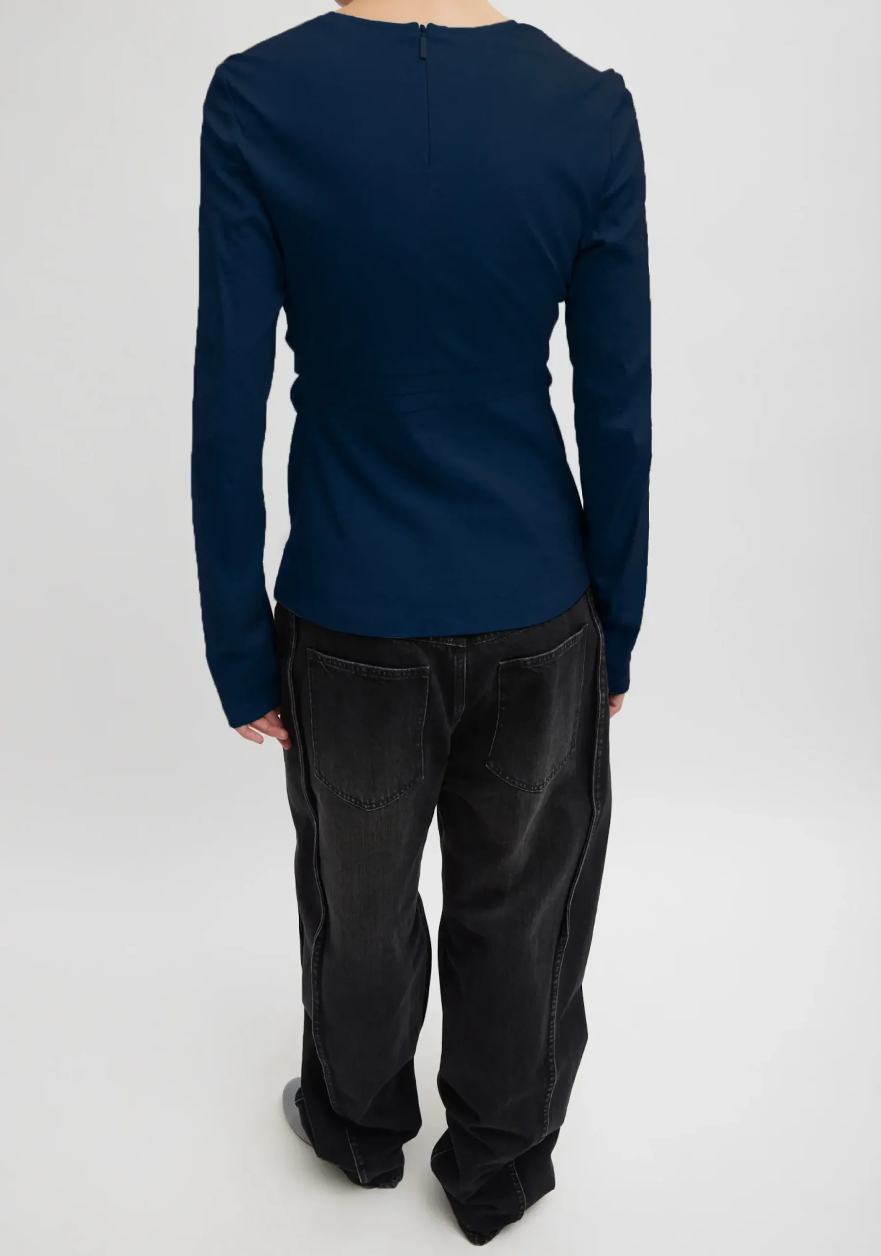 Tops>Tibi Stretch Cotton Nylon Square Neck Slim Circular Sleeve Top Navy Blue