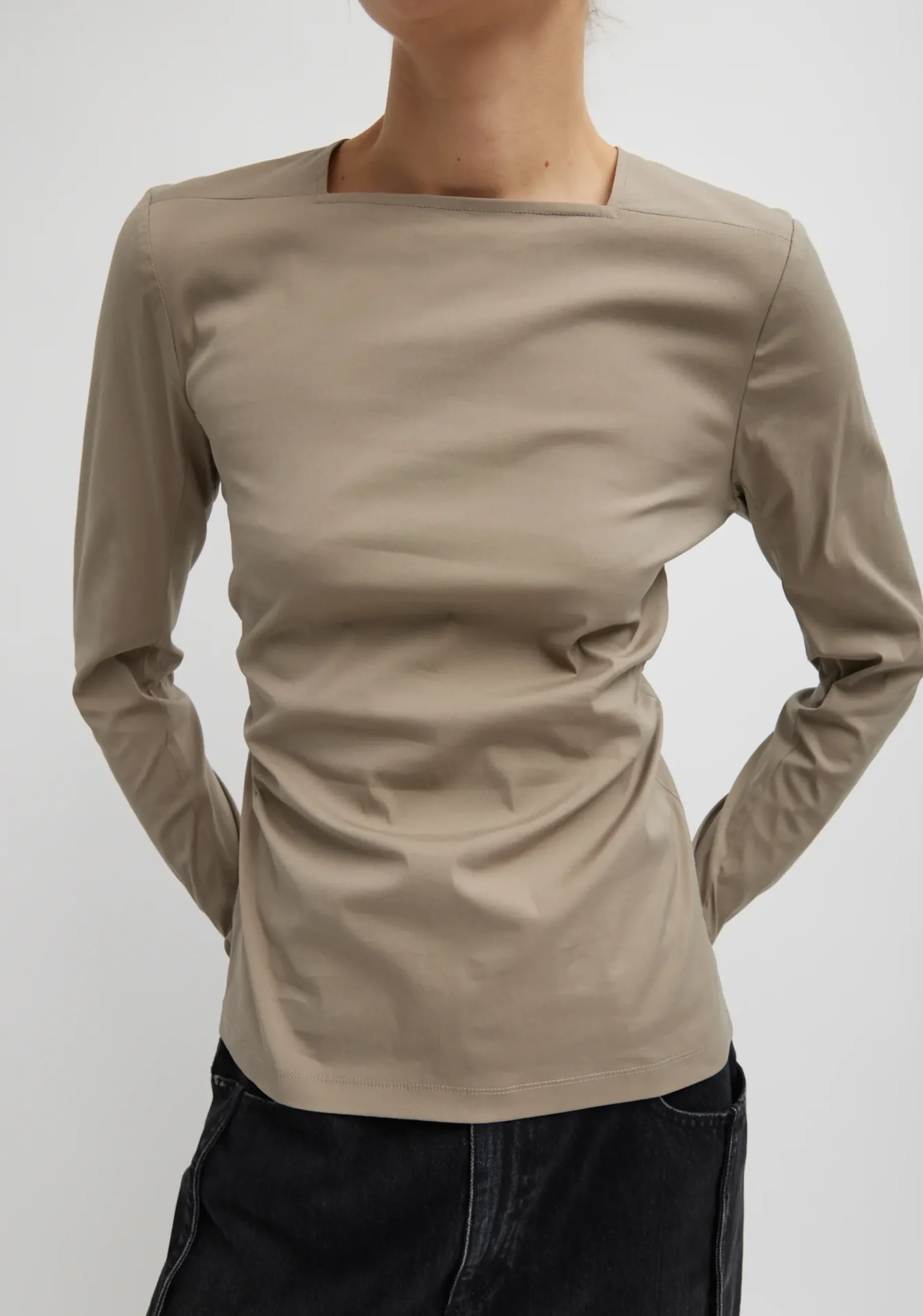 Tops>Tibi Stretch Cotton Nylon Square Neck Slim Circular Sleeve Top Mink Grey