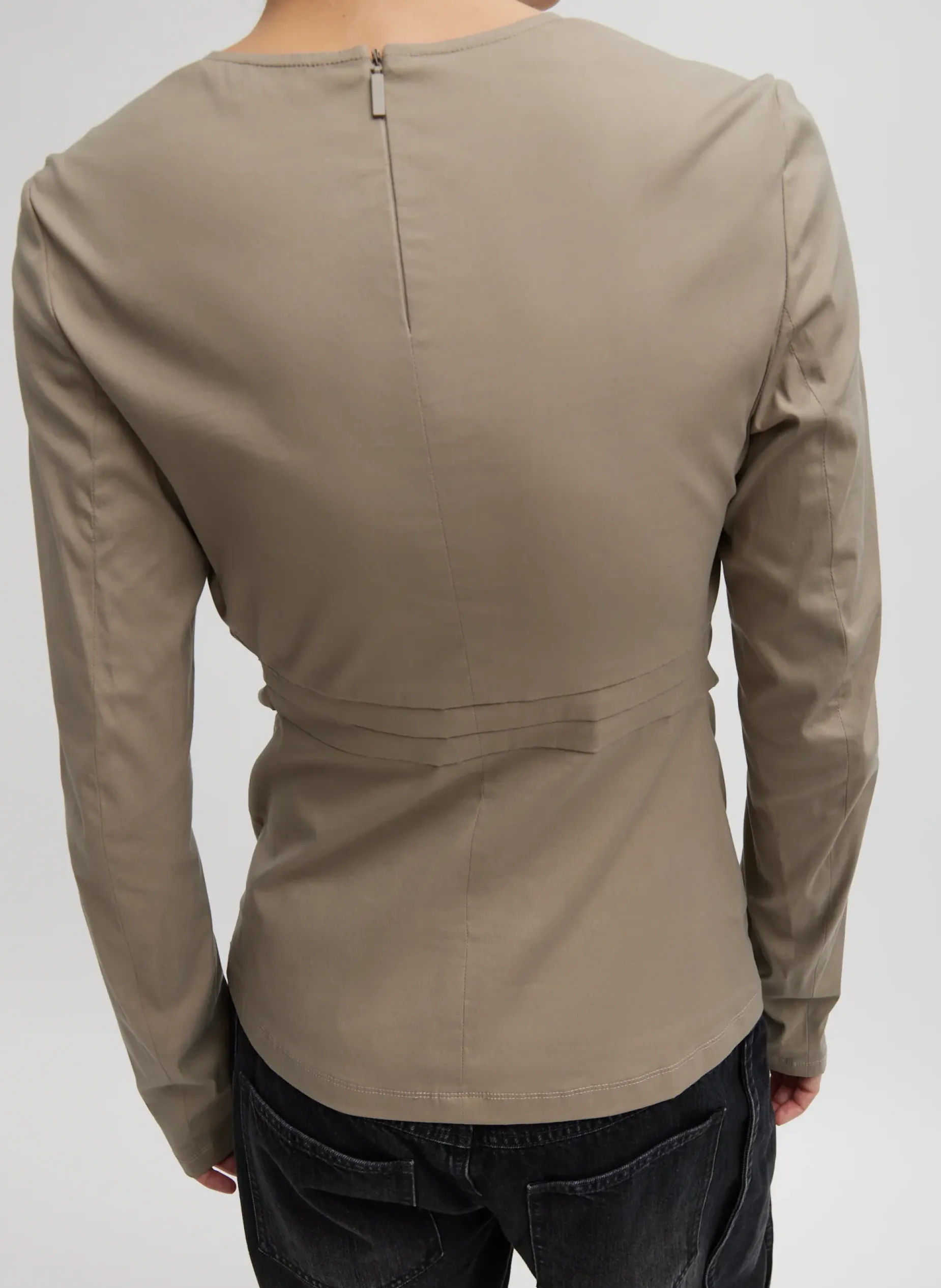 Tops>Tibi Stretch Cotton Nylon Square Neck Slim Circular Sleeve Top Mink Grey