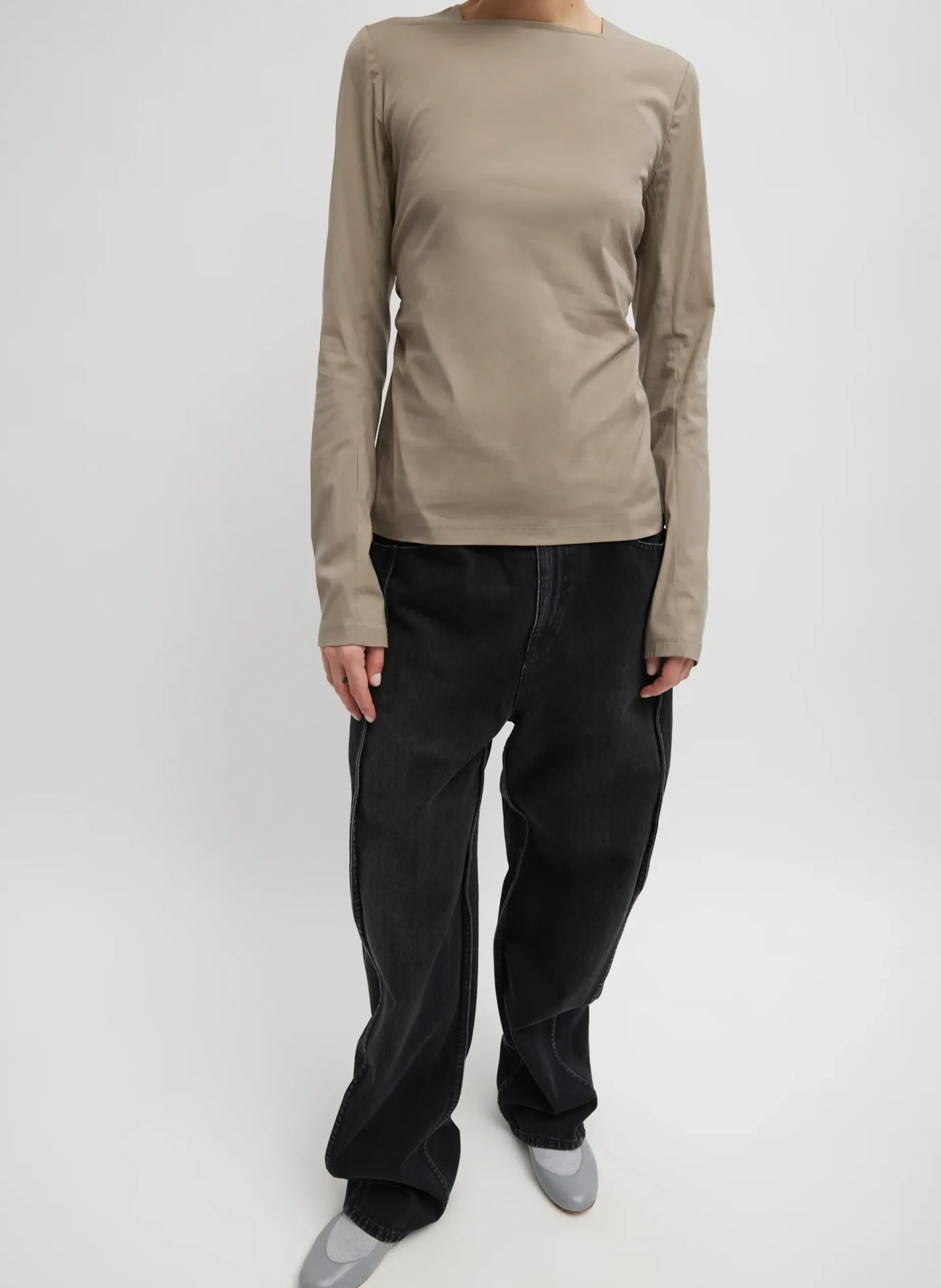 Tops>Tibi Stretch Cotton Nylon Square Neck Slim Circular Sleeve Top Mink Grey