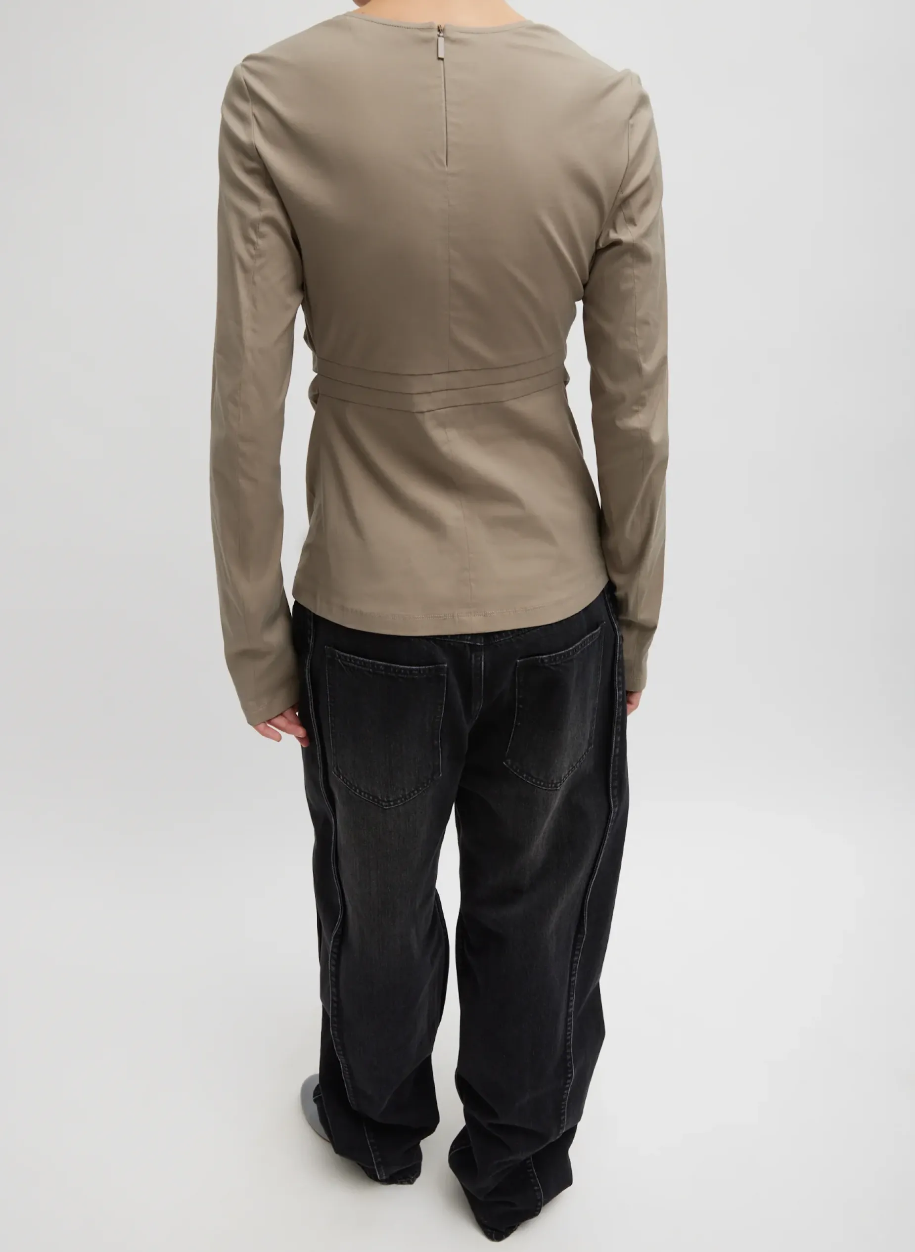 Tops>Tibi Stretch Cotton Nylon Square Neck Slim Circular Sleeve Top Mink Grey