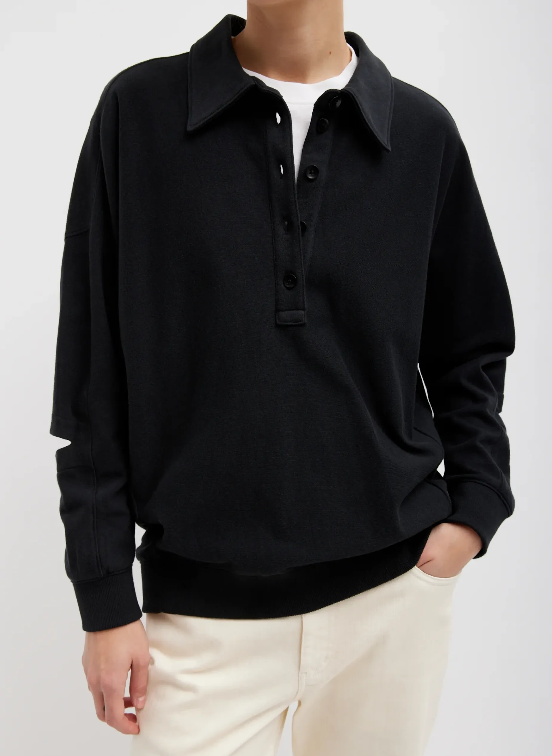 Leisure Sets|Knitwear & Sweatshirts>Tibi Summer Sweatshirting Polo Collar Sweatshirt Black