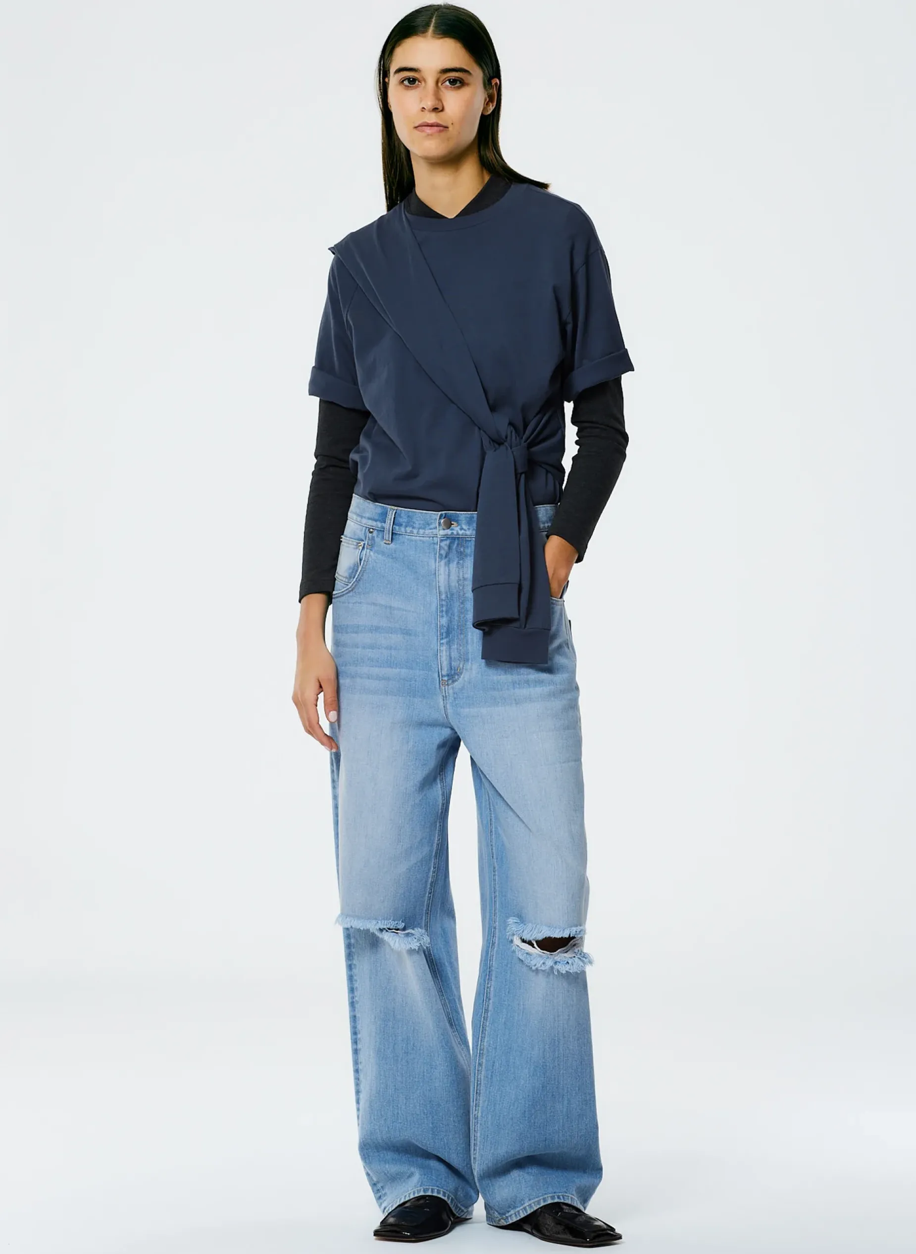 Knitwear & Sweatshirts|Tops>Tibi Tie T-Shirt Navy Fog